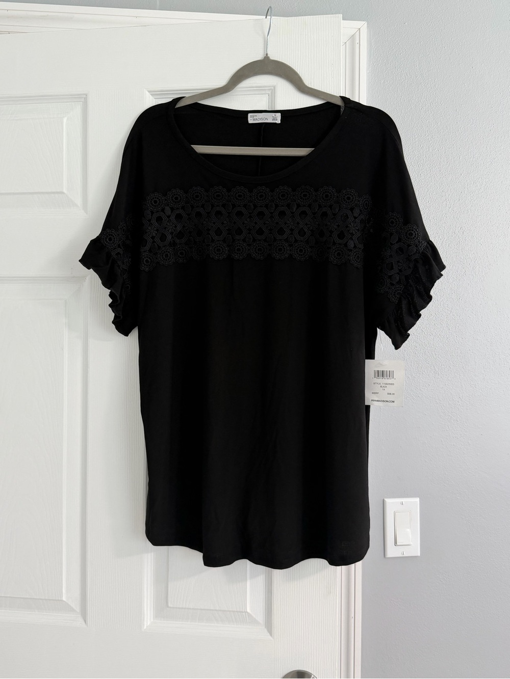 89th & Madison Black Crochet-Trim Ruffle Sleeve Top